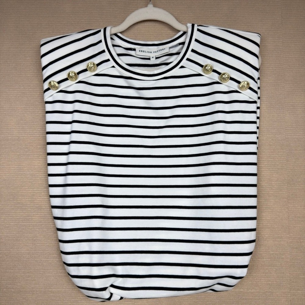 English Factory Striped Sleeveless Knit Top Gold Button Shoulder Pad Black White